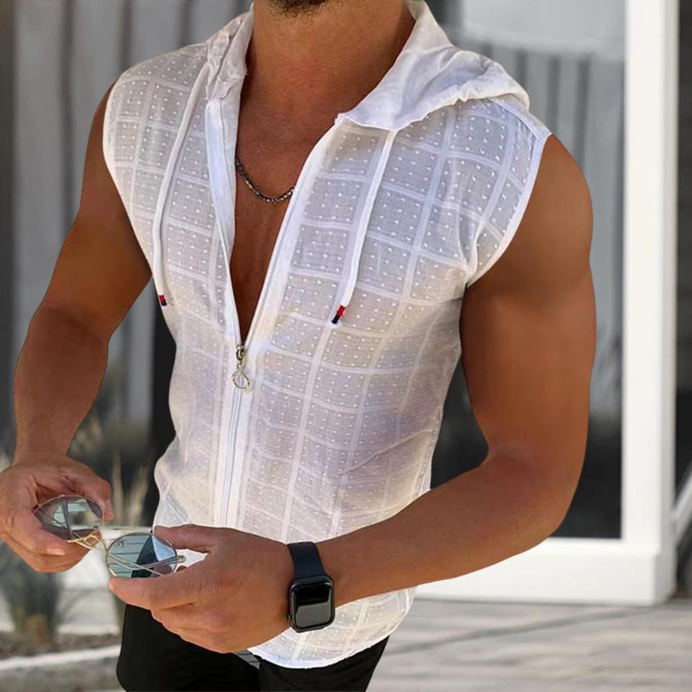 Men's Tank Tops Plus Size Plaid Stitching Hat Sweatshirt Vest Men Solid Color Zipper Drawstring Bodybuilding Hooded Vest Top Gym 230715