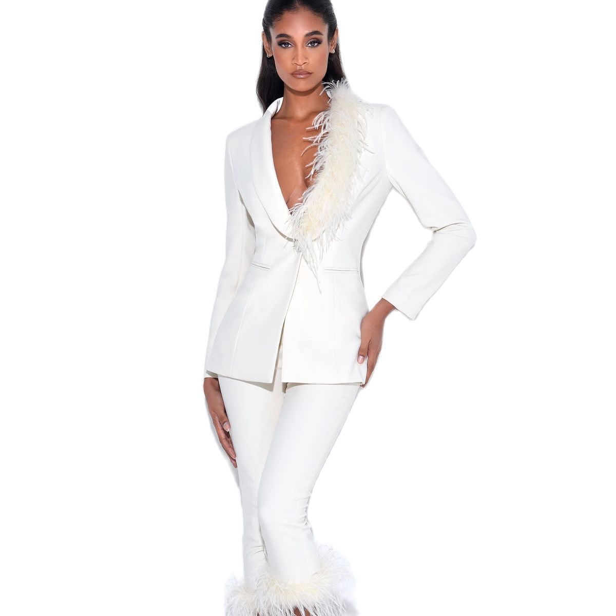 Red Carpet Women Pants Suits Ostrich Feather Street Power Evening Party Blazer Sets Wedding Wear Jacket 2 Pieces