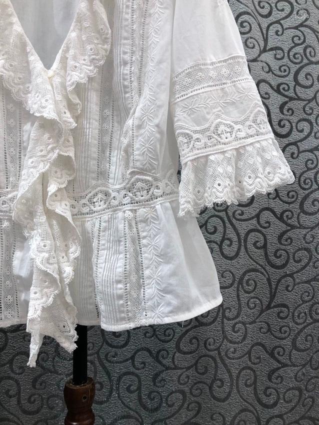 Womens Blouses Cotton Tops 2023 Summer Fashion White Ladies V-Neck Ruffle Lace Embroidery Half Sleeve Casual Vintage Shirts