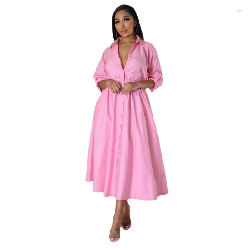 Casual Dresses Pink Shirt Dress Long Sleeve Button Up Front Chiffon Shirtdress Women Turn-down Collar Oversized Loose Blouse