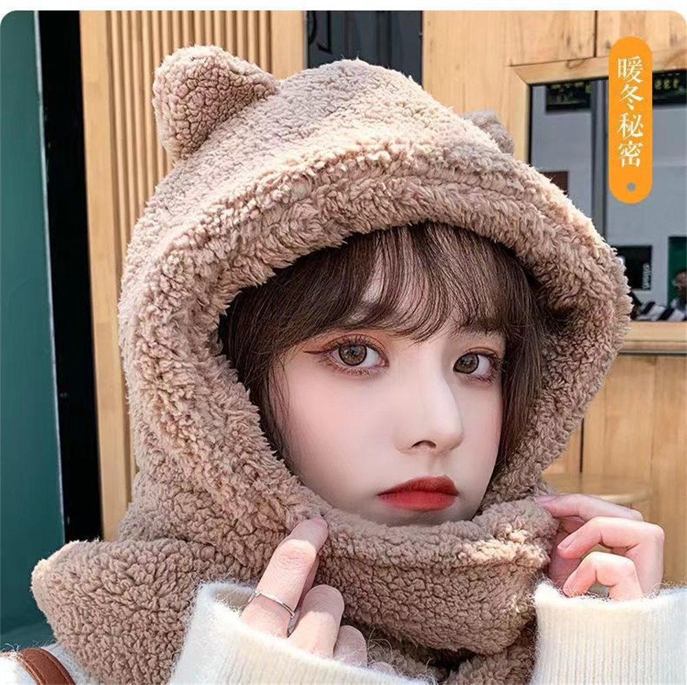 Fashion Face Masks Neck Gaiter Winter Women Hat Scarf Gloves Set Bear Ear Beanies Caps Warm Balaclava Casual Plush Hats Casual Solid Fleece Girls Kawa
