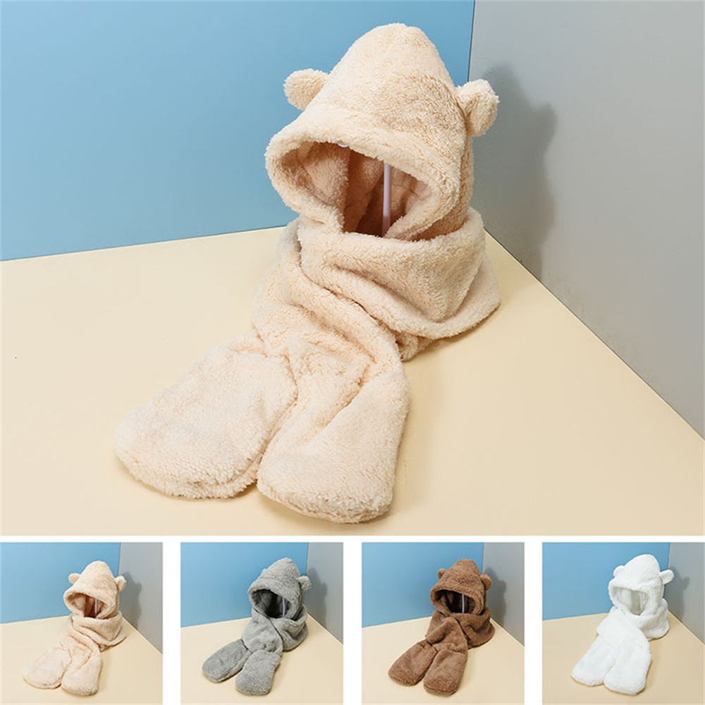 Fashion Face Masks Neck Gaiter Winter Women Hat Scarf Gloves Set Bear Ear Beanies Caps Warm Balaclava Casual Plush Hats Casual Solid Fleece Girls Kawa