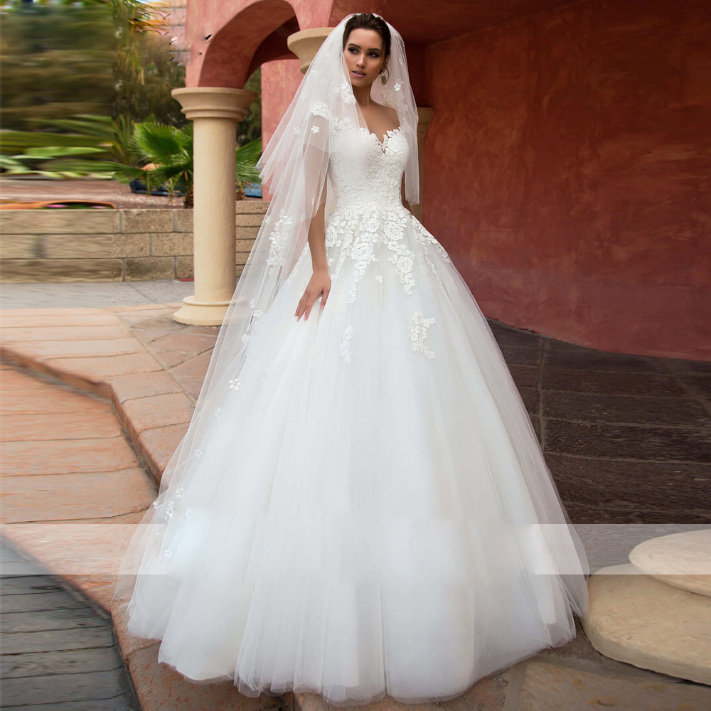 Illusion Ful Neck A E Wedding Dresses Cap Sleeve Lace Appliques Button Back Bridal Gowns With Court Train