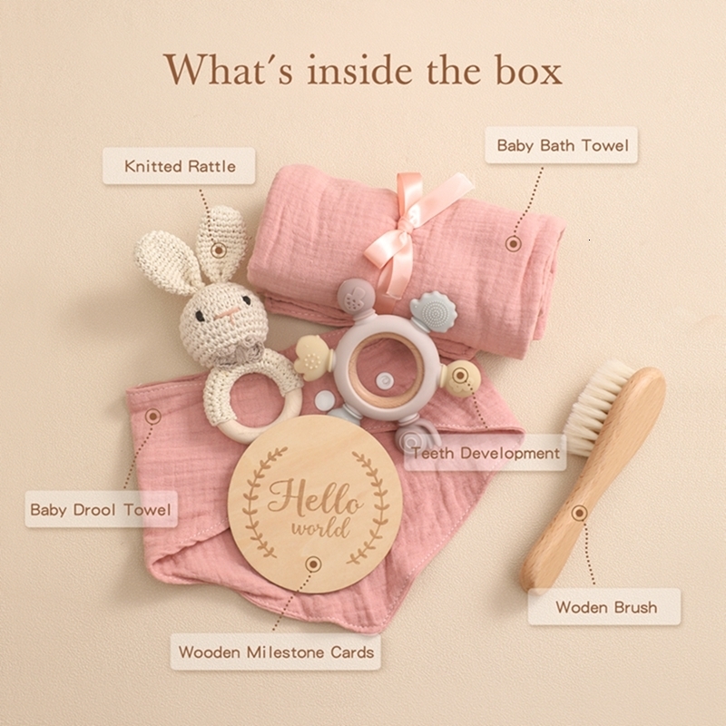 Gift Sets 1Set Baby Bath Toy Set Food Grade Silicone Teether Toys Wooden Ring Crochet Rattle Milestones Card Bath Brush For born Gift 230717