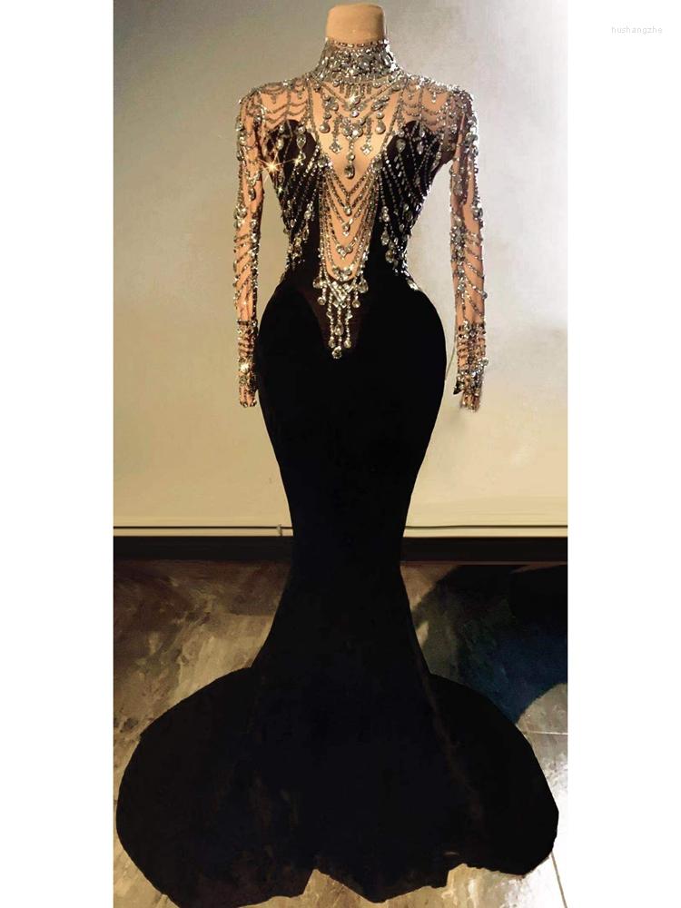 Casual Dresses Elegant Black Velvet Mermaid Dress Shining Crystal Sexy Evening Long Prom Club Party Stage Costumes