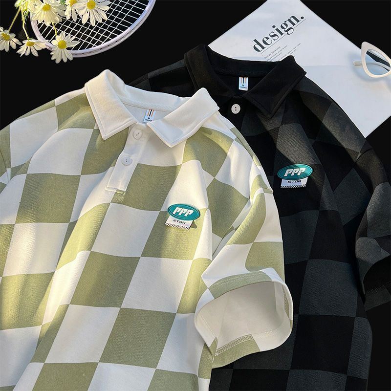 Mens TShirts American retro trend polo shirt checkerboard love printed graphic Tshirt summer men and women loose casual short sleeved 230717