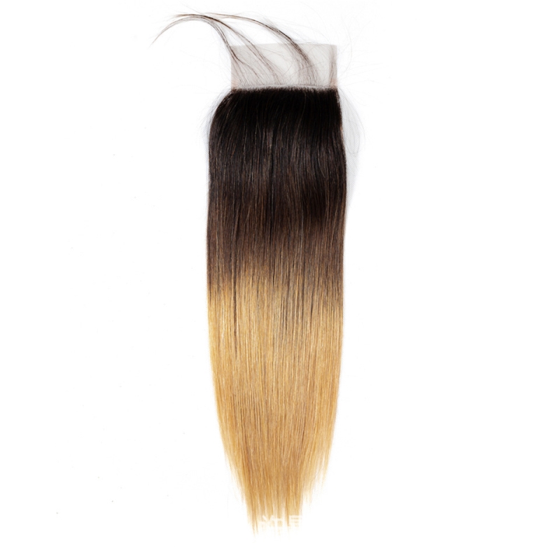1B/4/27 Ombre Peruvian 100% Human Hair 4X4 Lace Closure Silky Straight Body Wave Deep Wave Free Part 1B 4 27 Three Tones Color