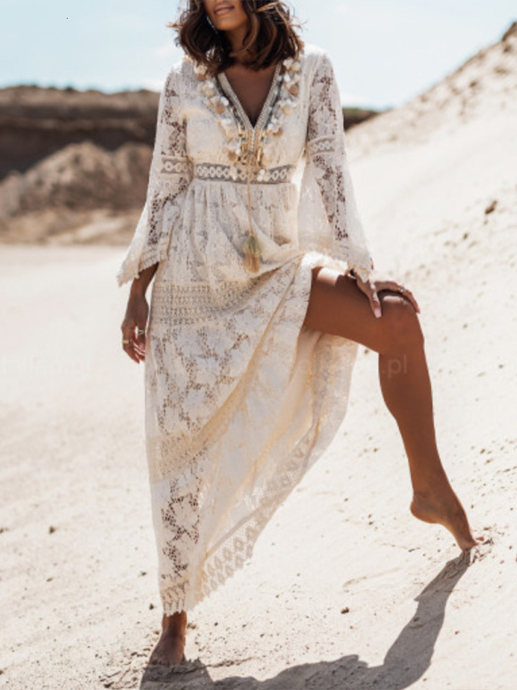 Basic Casual Dresses Long Dress Women Boho Lace Maxi Dress Summer Beach Holiday White Wedding Dresses Ladies Retro V Neck Sundress Ropa Mujer 230715