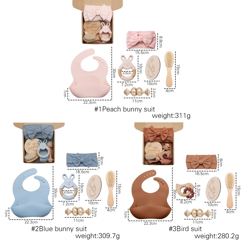 Gift Sets 1set Baby Care Products Silicone Bibs Headband Baby Milestones Brush Rattle Bracelet Pography Props Set Birth Gift Product 230717