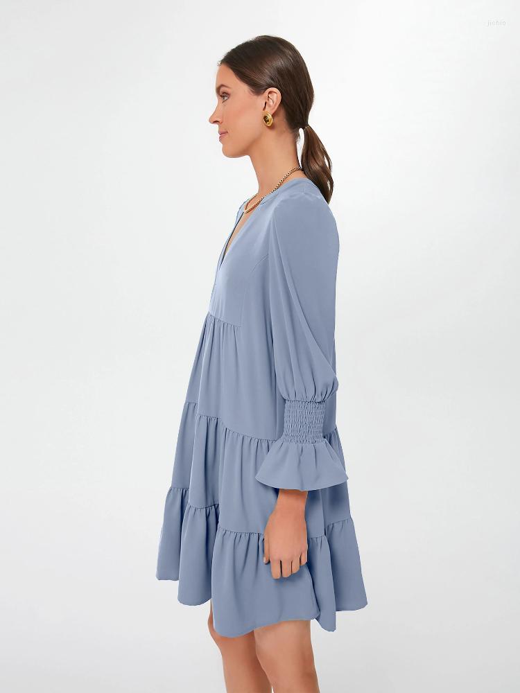 Casual Dresses Women Autumn Winter Solid Short Mini Dress Elegant Fashion Office Lady Pullover Long Lantern Sleeve V Neck 2023