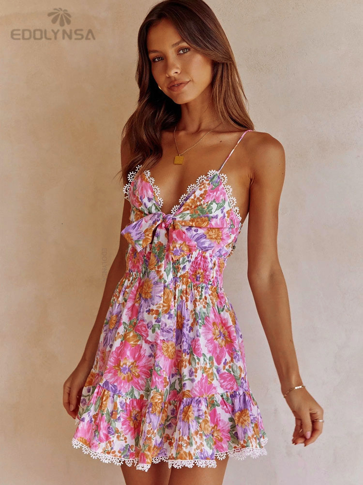 Basic Casual Dresses Spaghetti Strap Bow Slip Dress Summer Women Clothes Lace Up Frills Mini Dress High Waist Holiday Beach Dress Vestido A1131 230715