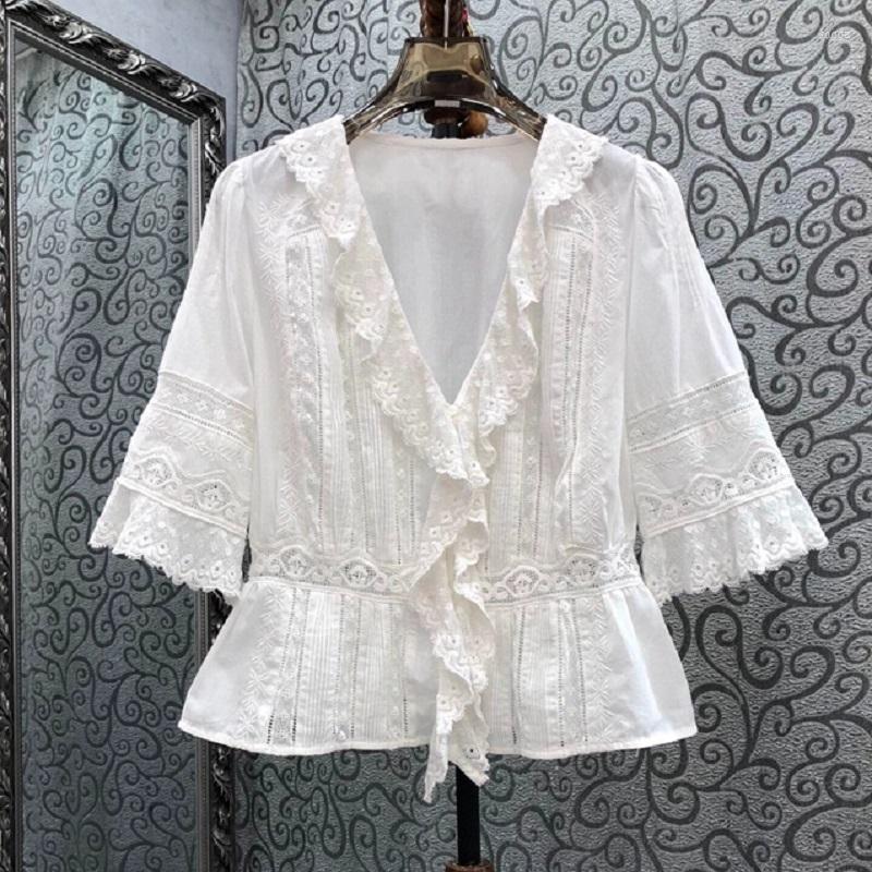 Womens Blouses Cotton Tops 2023 Summer Fashion White Ladies V-Neck Ruffle Lace Embroidery Half Sleeve Casual Vintage Shirts