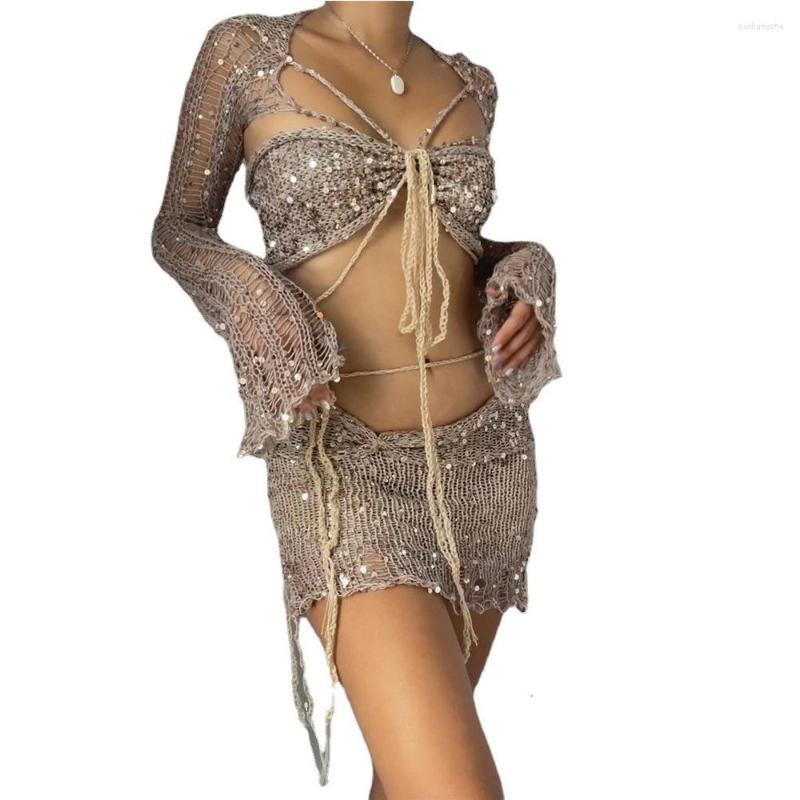 Casual Dresses Hollow Body Skirt 2 Piece Sequin Sets Summer ladies Crochet Knitted Dress Women Elegant Y2k Crop Top
