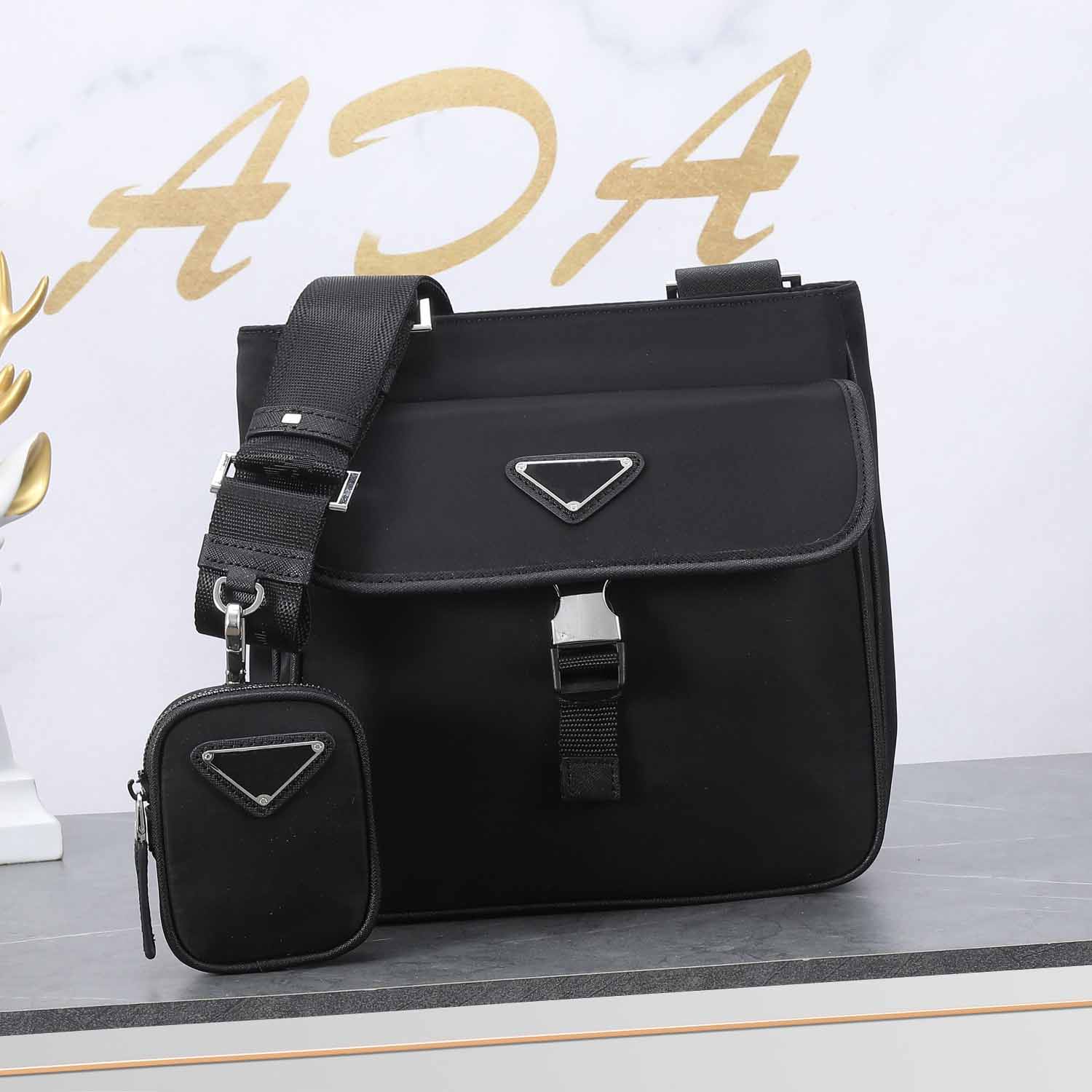 2VH110 Fashion one-shoulder bag Men's Leisurebag unique triangular logo Multiple pockets two zipper bags and buttonbags, Black
2VH110 Fashion one-shoulder bag Men's Leisurebag unique triangular logo Multiple pockets two zipper bags and buttonbags, Black