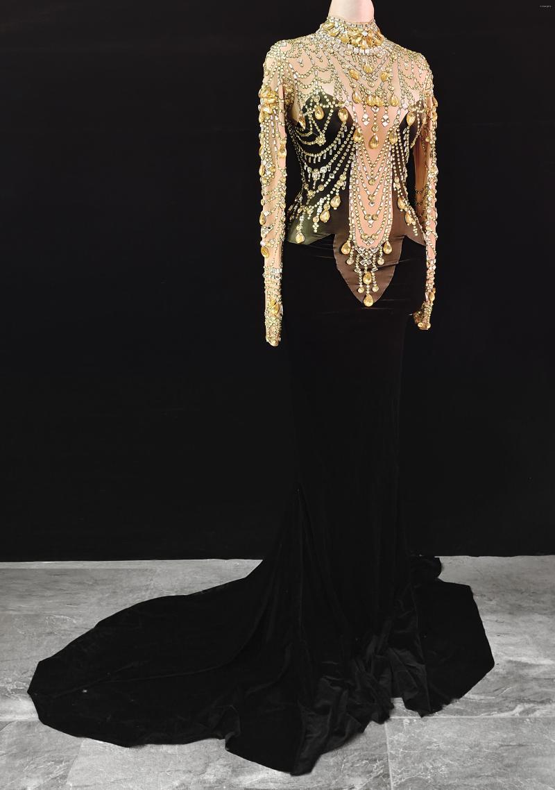 Casual Dresses Elegant Black Velvet Mermaid Dress Shining Crystal Sexy Evening Long Prom Club Party Stage Costumes