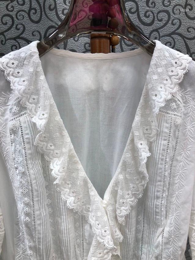 Womens Blouses Cotton Tops 2023 Summer Fashion White Ladies V-Neck Ruffle Lace Embroidery Half Sleeve Casual Vintage Shirts