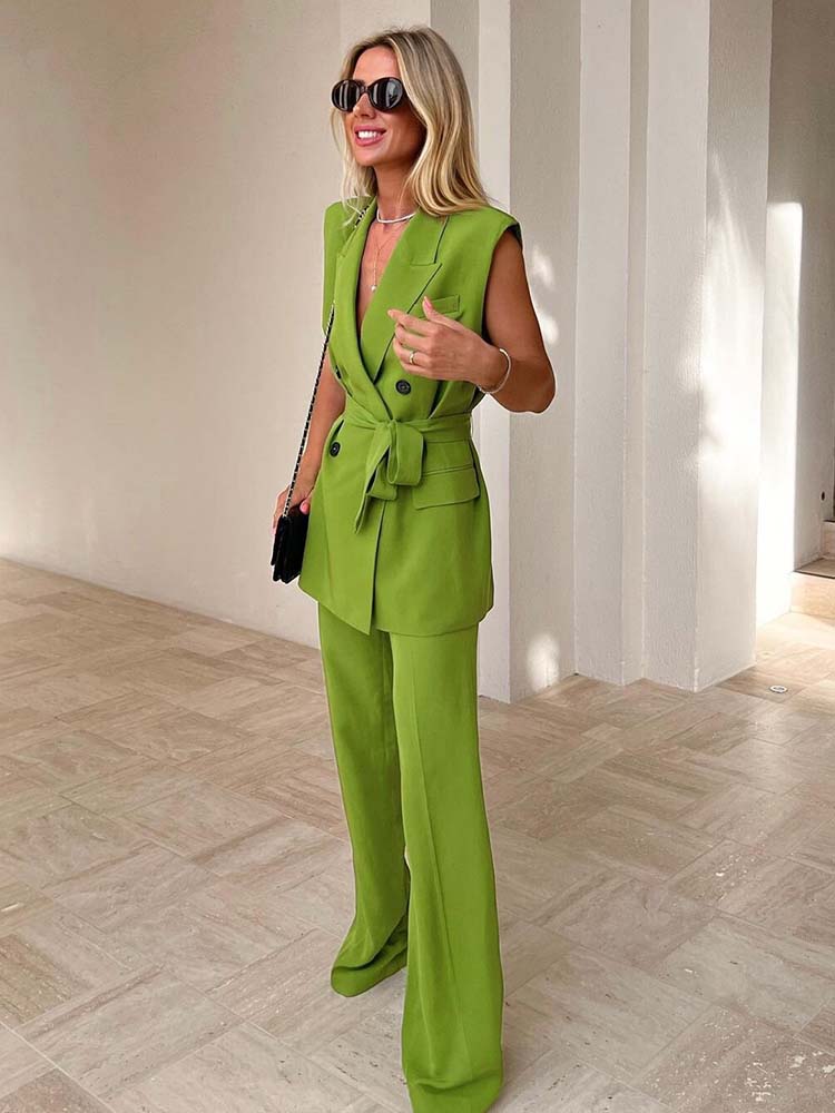 Set Woman 2 Pieces Summer Traf New Fashion With Belt Vest Coat High Waist Pants Female Two Piece Sets Womens Outifits