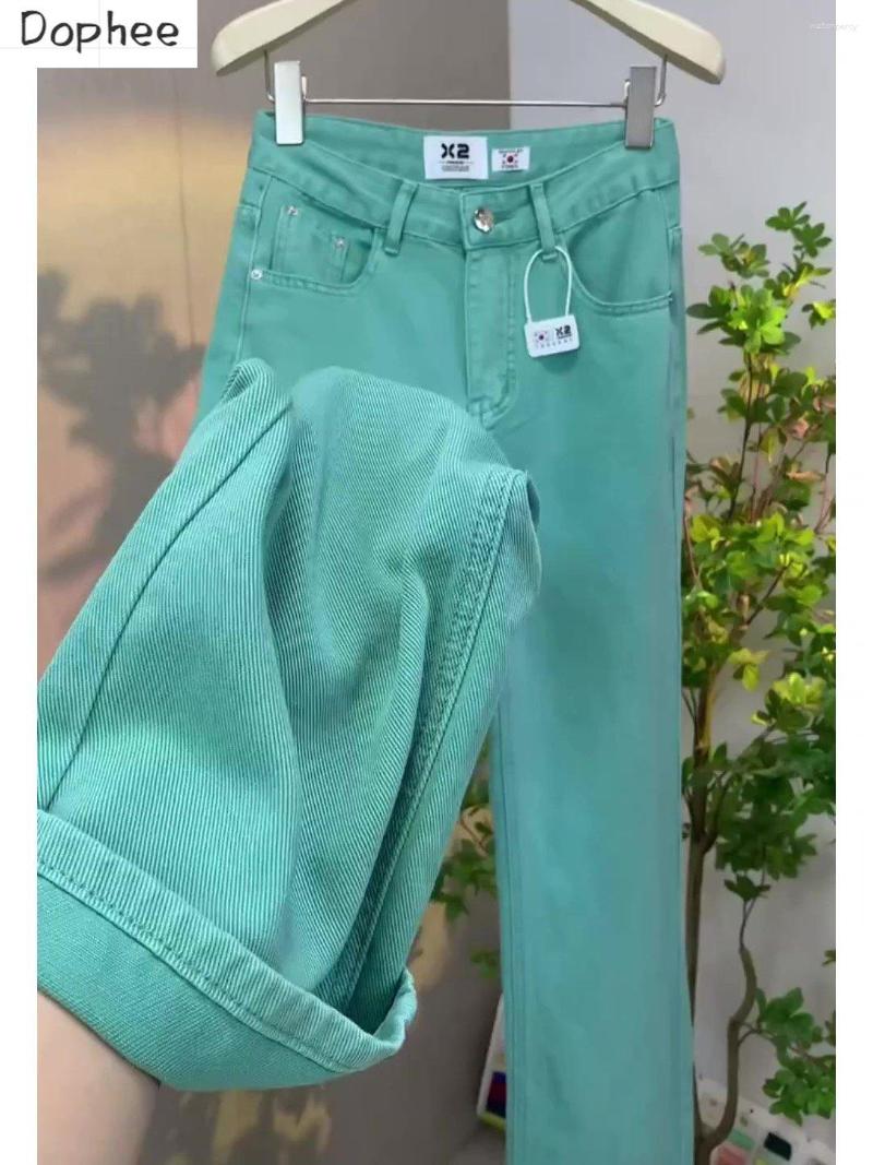 Womens Jeans Candy Color High Waist Wide Leg For Women Spring Large Size Loose Straight Pants Casual Cotton Elastic Denim Trousers