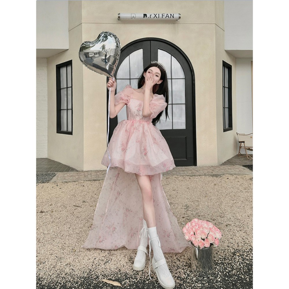 Womens short puff sleeve pink print flower gauze fabric high waist princess style ball gown dress
