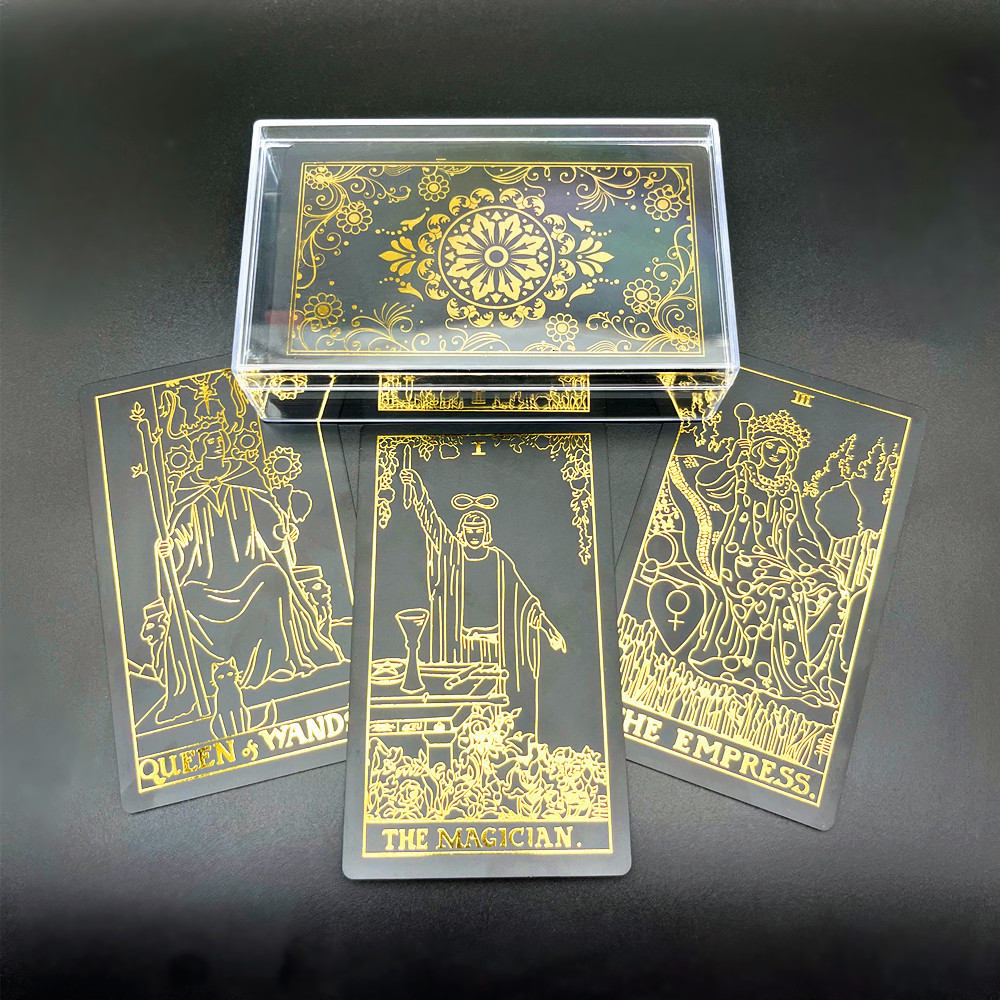 Outdoor Games Activities 1 Deck Tarot Cards Plastic Gold Foil With Transparent Box Black Waterproof Durable Astrology Guide Book L722 230718
