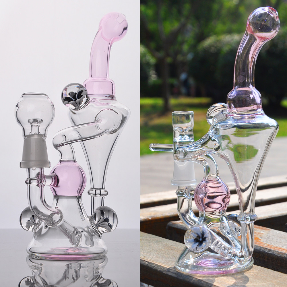 Black Flower Glass Hookah Bongs with Diffused Downstem Double Recycler Bubbler Oil Rigs Pink Water Pipes with 14 mm Joint