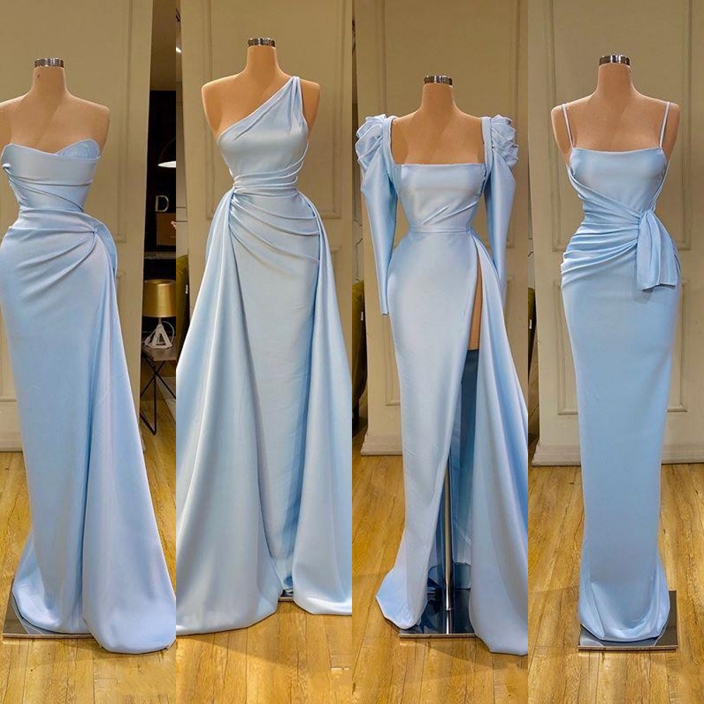 Sexy Bridesmaid Dresses Light Blue Sheath Mermaid Plus Size Long Satin Split Maid Of Honor Wedding Guest Dress Mixed Styles Floor Length 0424