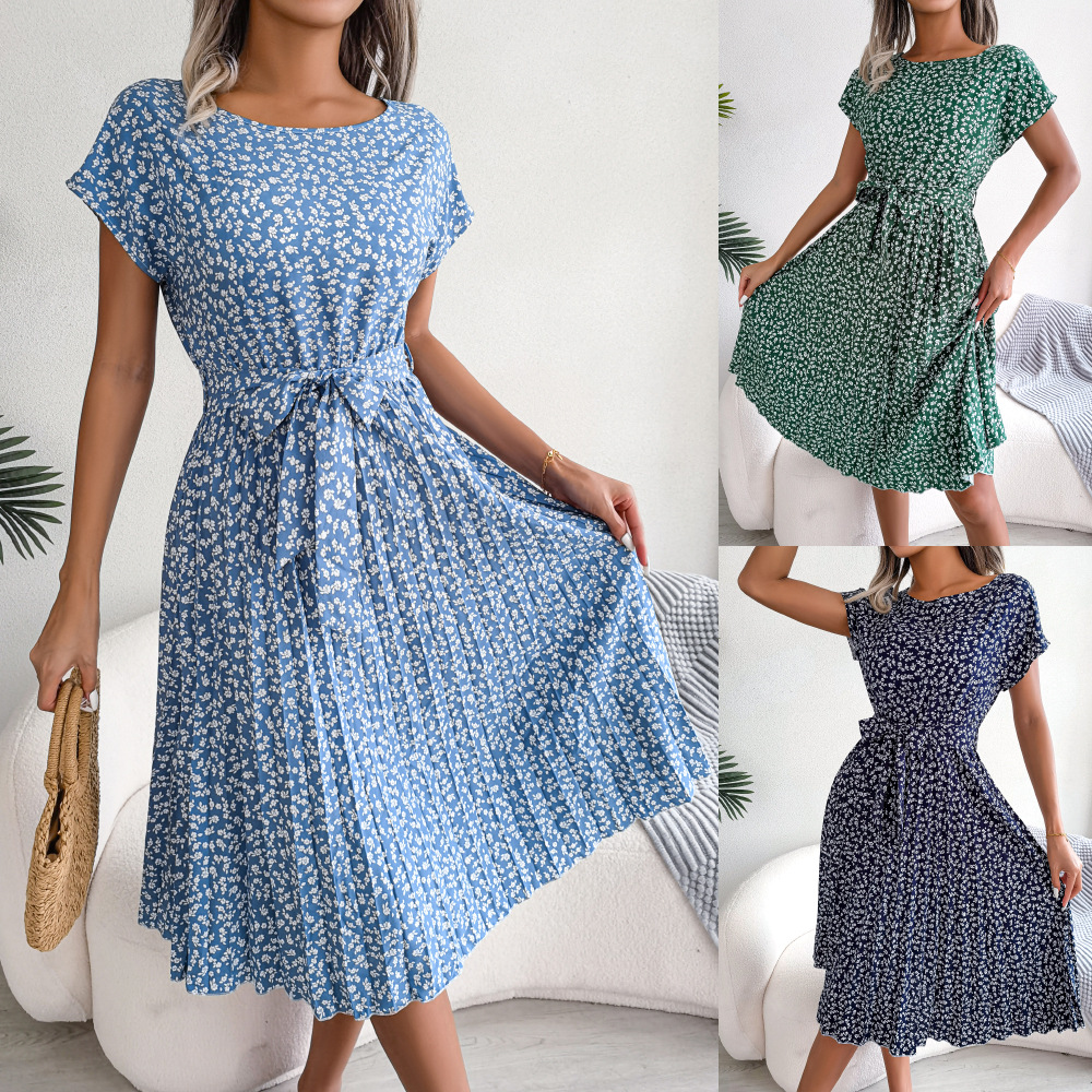 Fashion Floral Pleated A Line Long Dress Women Spring Summer Short Sleeve High Waist Chic Dress