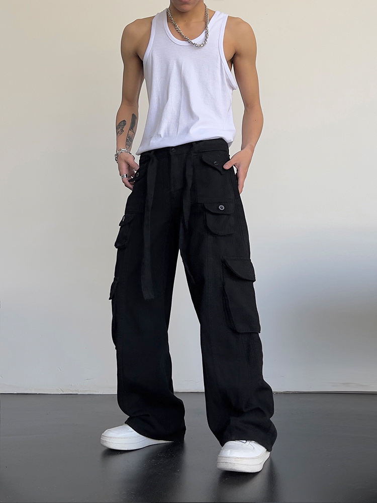 Men s Pants High street retro casual large pocket overalls men s and women s summer high waist loose straight tube draped wide leg pants 230718