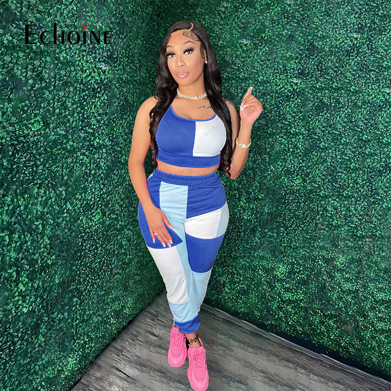 Women's Two Piece Pants Echoine Women Contrast color stitching Crop Vest Top And Trousers 2 Two Piece Sets Summer Sexy Fashion Party Tracksuit Ou