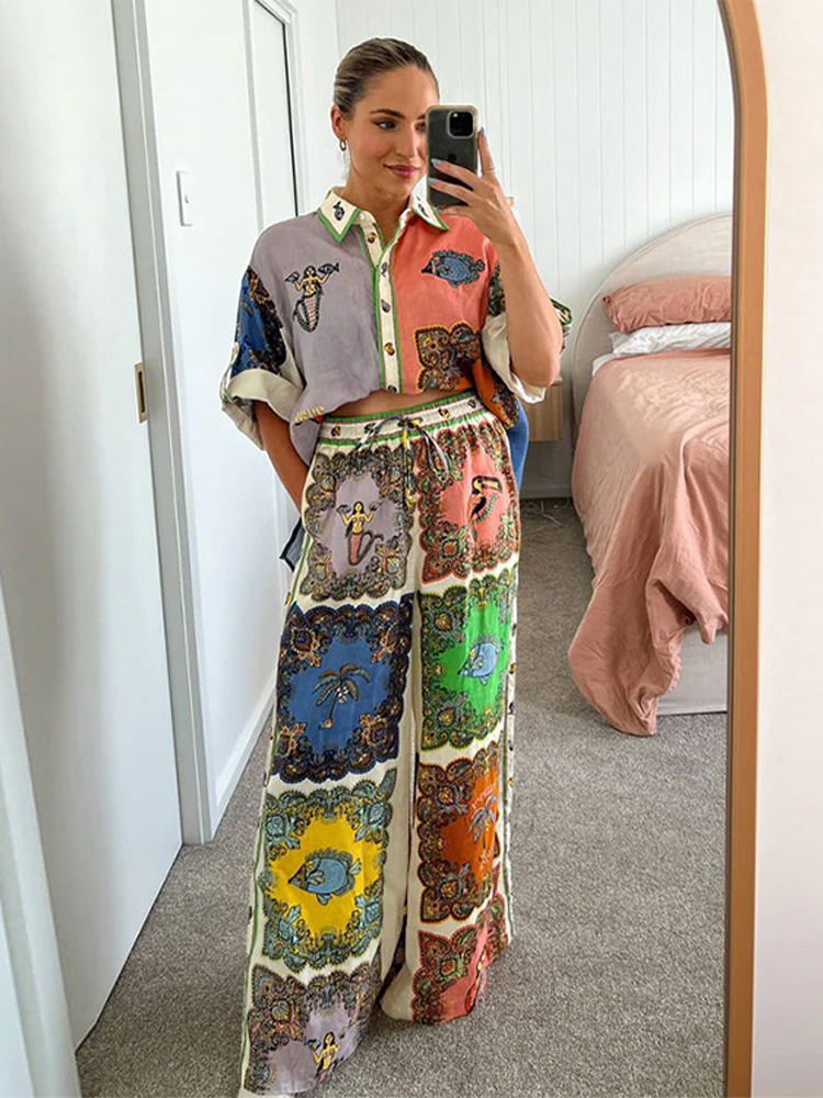 Casual printed shirt two-piece set women's loose short sleeves single chest women's set summer high waist wide leg pants set 230718