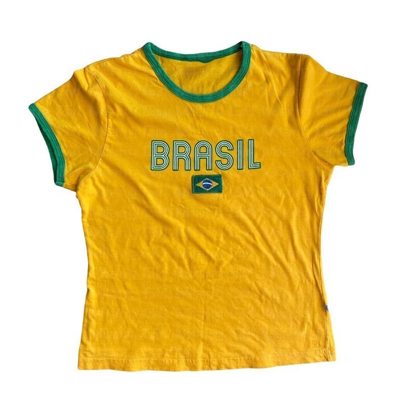 Women's T-Shirt Brazil Crop Top Summer Yellow Woman Clothes Gothic Emo Girl Vintage Women Letter Print Casual Short Sleeve T-Shirt Y2k Clothes 23