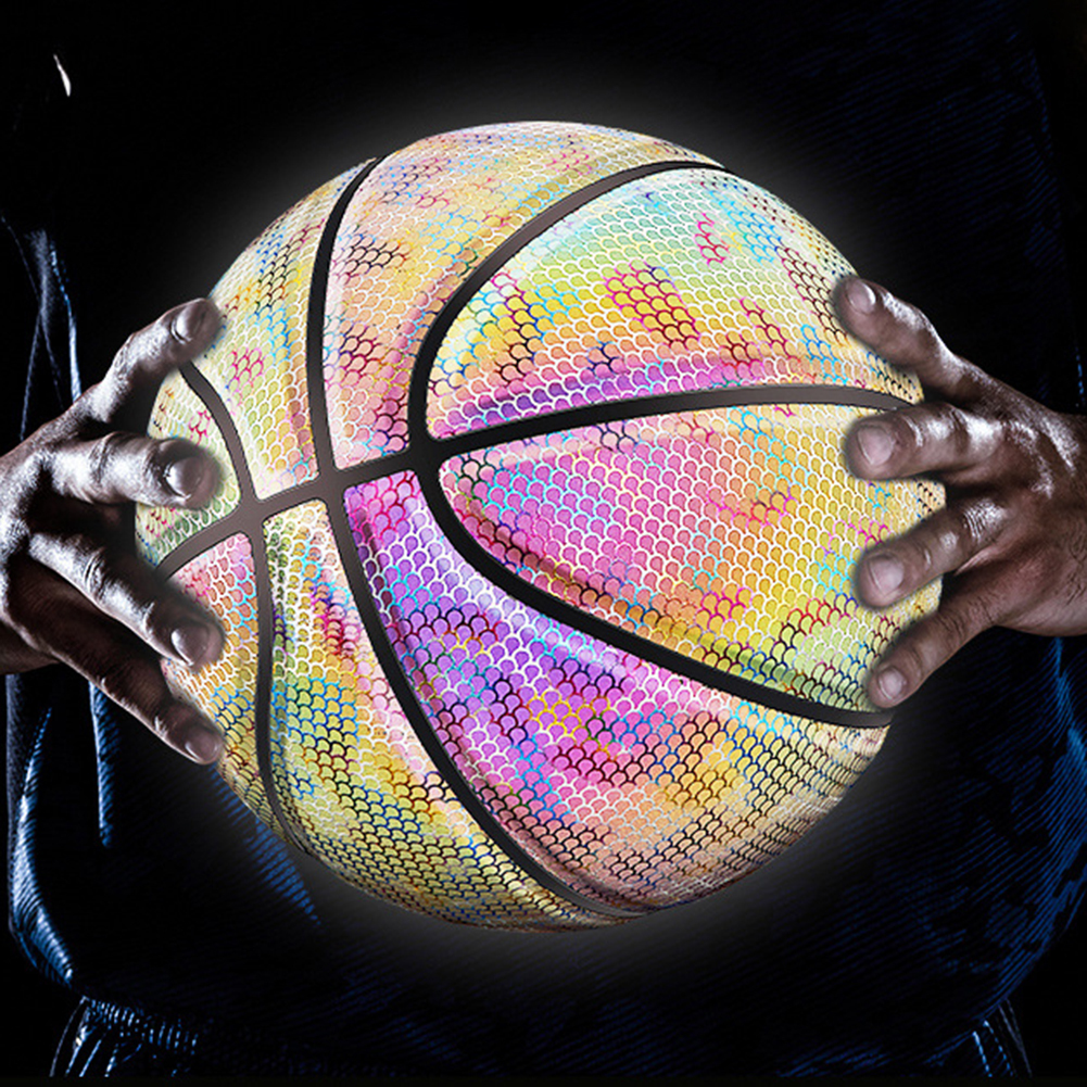 Balls Colorful Holographic Reflective Basketball Ball PU Leather Night Game Street Game Glowing Basketball Sports Luminous Basketball 230717