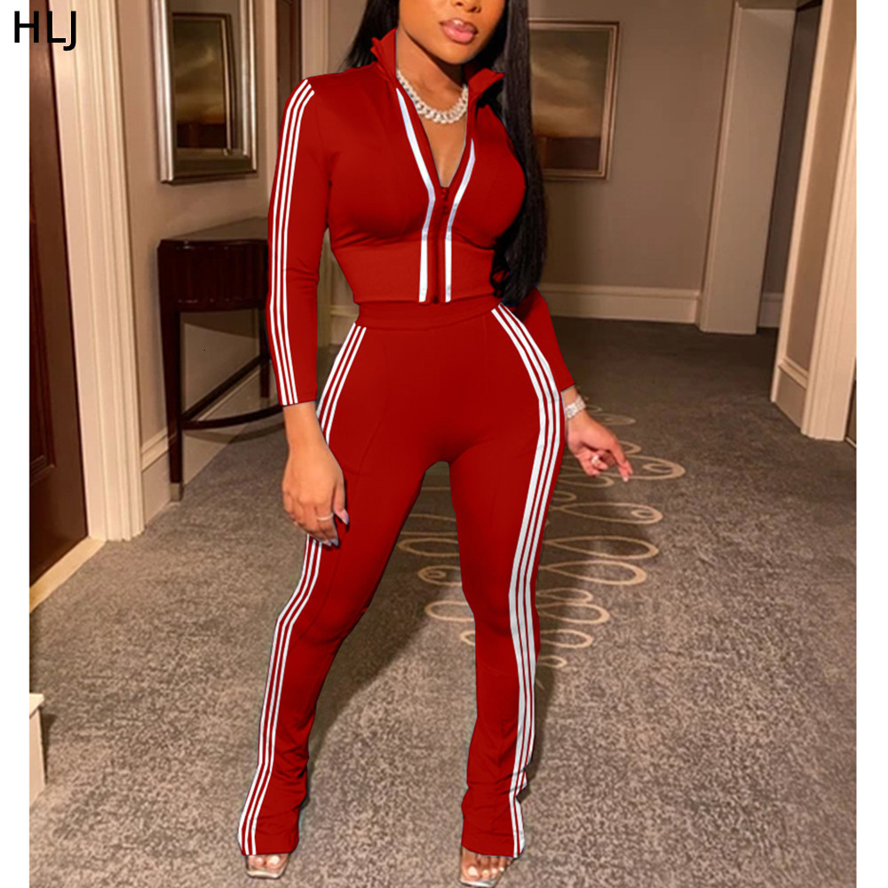 Women's Two Piece Pants HLJ Fashion Streetwear Women Zipper Long Sleeve Top Skinny Pants Two Piece Set Casual Solid Color Matching Sport 2pcs Out