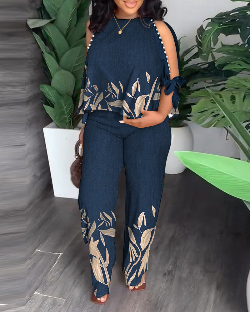 Women's Two Piece Pants Summer Printed Beading 2 Piece Set Women Casual Two Piece Outfit Hollow Out Long Sleeve Top Straight Leg Pants Suit Track
