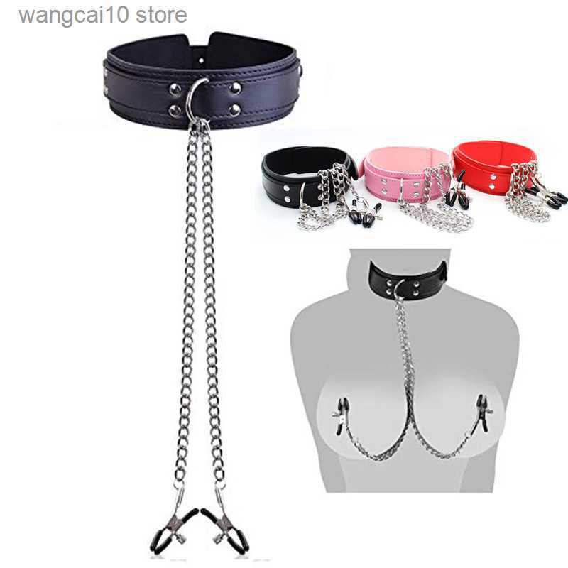 Sexy Set Leather Choker Collar With Nipples Breast Clamp Clip Chain Slave BDSM Toys For Woman Couple Sex Tools Couples Adult adult toys Games T Free Shipping