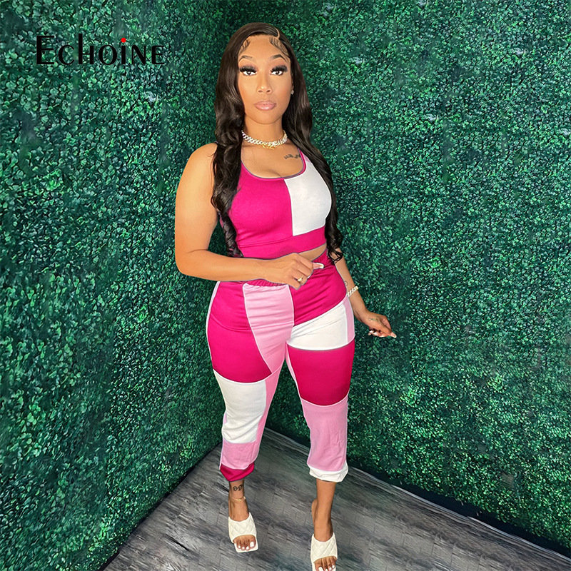 Women's Two Piece Pants Echoine Women Contrast color stitching Crop Vest Top And Trousers 2 Two Piece Sets Summer Sexy Fashion Party Tracksuit Ou