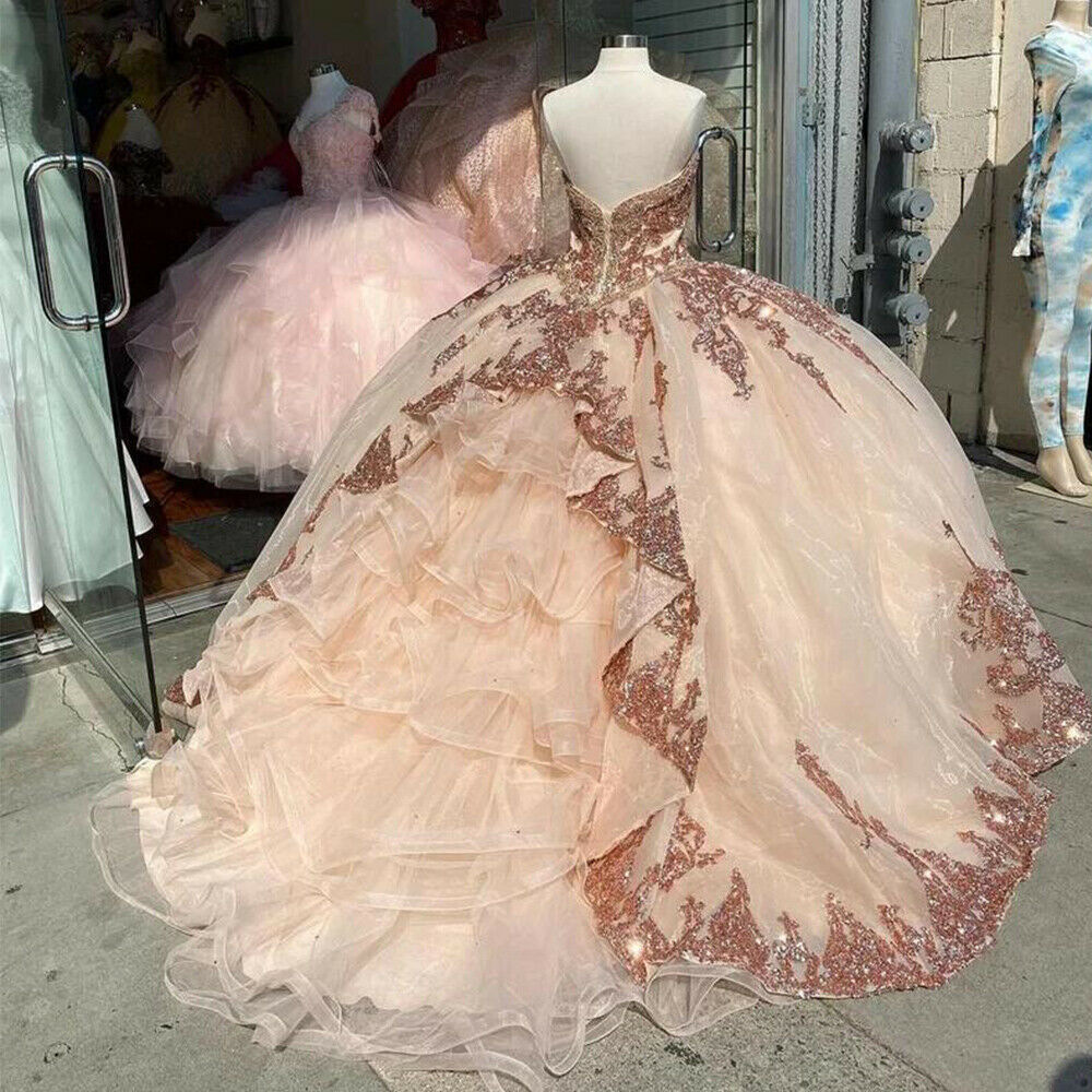 Rose Gold Quinceanera Dresses Charro Sweetheart Puffy Ball Gown Sweet 2023 Sequined Corset Prom
