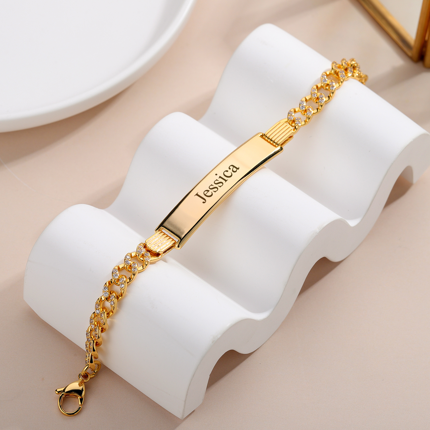Bangle Custom Name Bracelet Zircon Hip Hop Cuban Chain Bracelet Carved Date Pendant 18k Gold Plated Men's Father's Day Gft Jewelry 230718