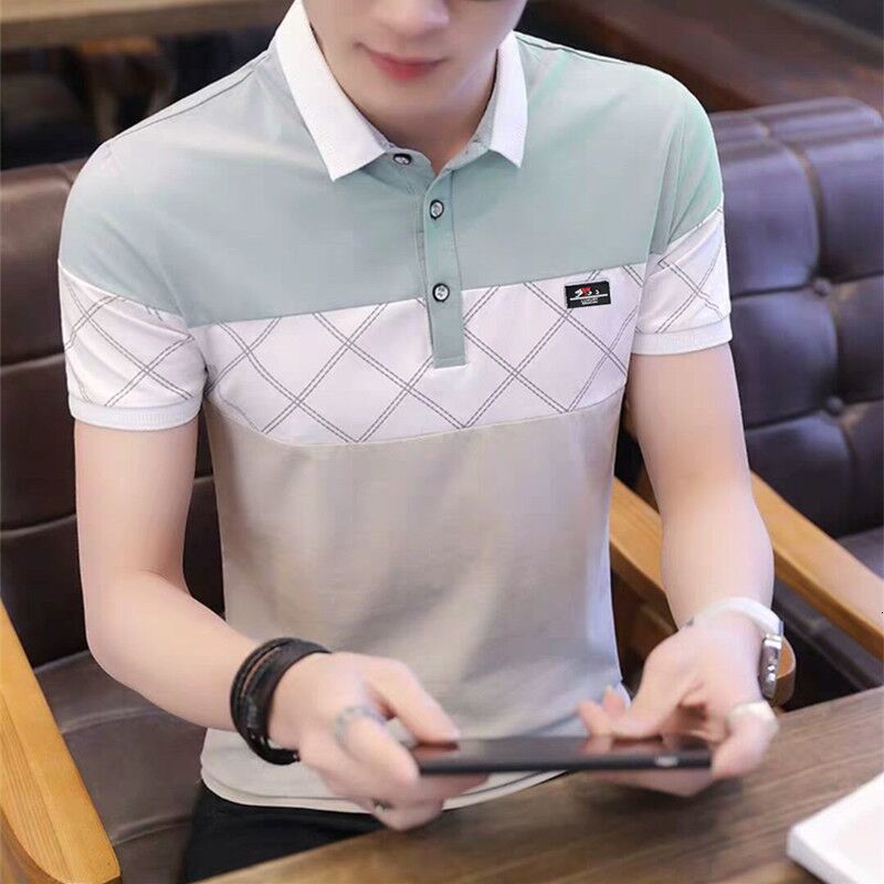 Men's Polos Summer Short Sleeve Tshirt Korean Fashion Lapel Cotton Splicing Polo Shirt Casual Breathable Top 230717