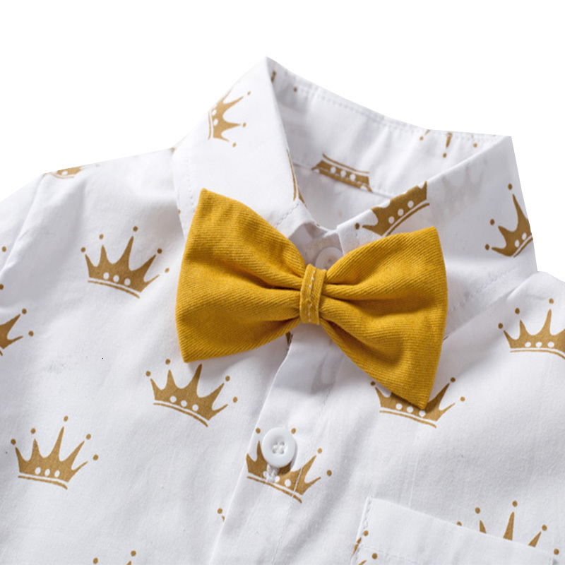 Clothing Sets Summer Kids Boys Formal Outfit Suit Crown Printed Shirt with Bow Leather Belt Boy Birthday Party Clothes Set 1 2 3 4 5 6 Years 230718