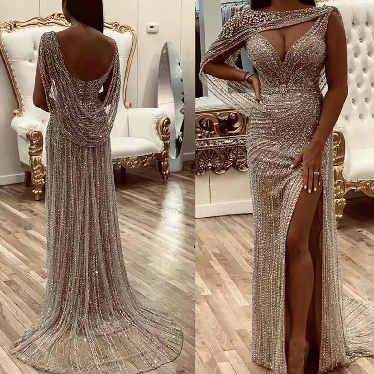 Gorgeous Mermaid Prom Dresses V Neck Collar Decoration Shining Applicants Side Split Backless Court Gown Custom Made Plus Size Party Dress Vestido De 