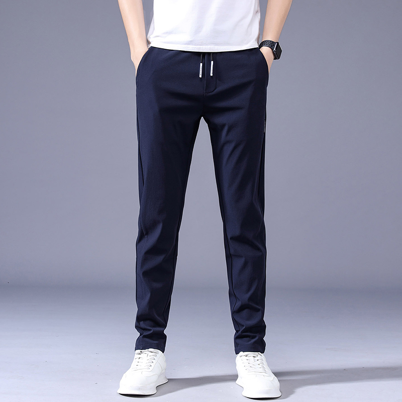 Men s Pants Summer Casual Thin Soft Elasticity Lace up Waist Solid Color Pocket Applique Korea Grey Black Work Trousers Male 38 230718