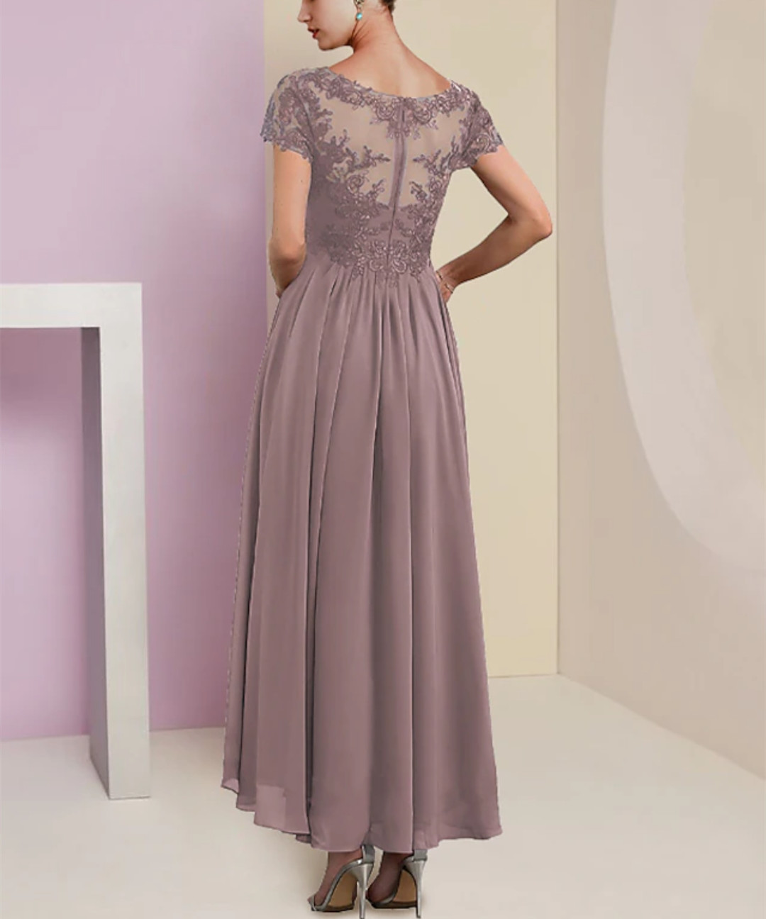 Elegant Short V-Neck Lace Mother of the Bride Dresses A-Line Chiffon Pleated Ankle Length Zipper La madre del vestido de novia Women Dresses for Women