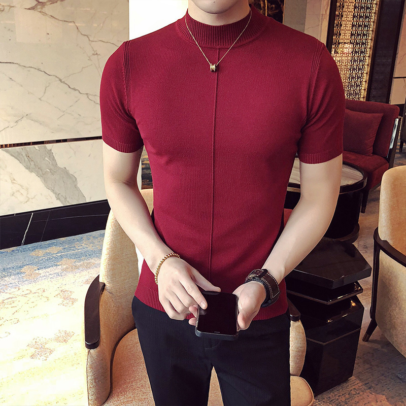 Men s Sweaters 7 Colors Half High Collar Men T shirt Spring Short Sleeve Solid Color Sweater Pullover T Shirt Slim Knitted Tees Top 230718