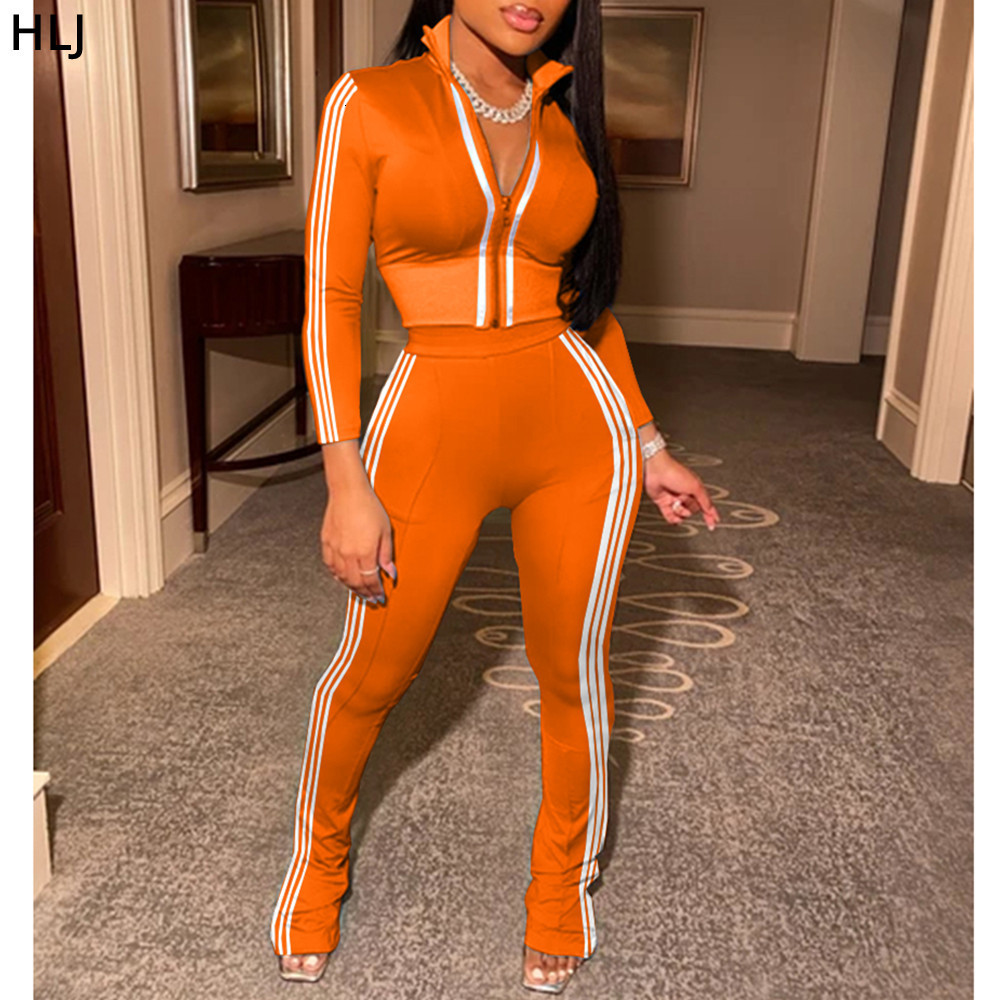 Women's Two Piece Pants HLJ Fashion Streetwear Women Zipper Long Sleeve Top Skinny Pants Two Piece Set Casual Solid Color Matching Sport 2pcs Out