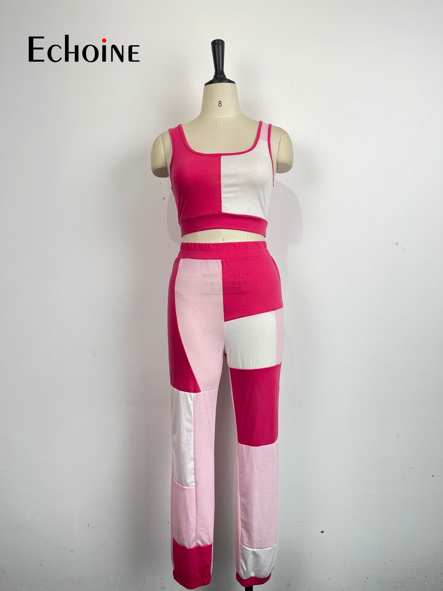 Women's Two Piece Pants Echoine Women Contrast color stitching Crop Vest Top And Trousers 2 Two Piece Sets Summer Sexy Fashion Party Tracksuit Ou