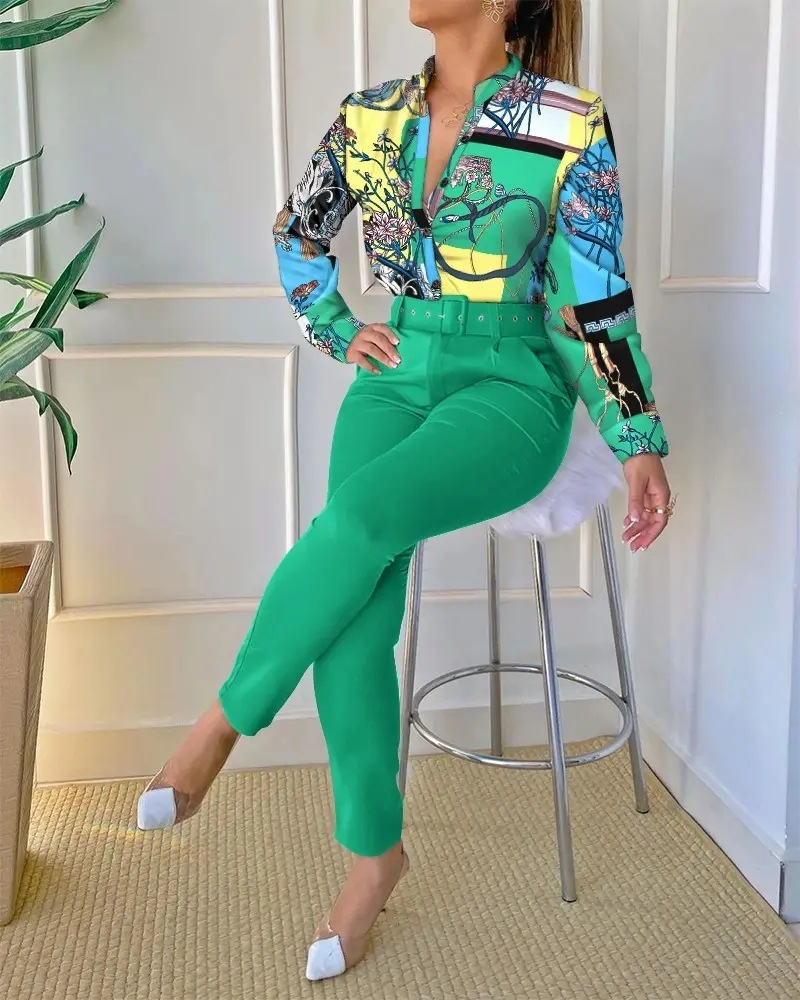 Women's Two Piece Pants Fashion Baroque Print Two Piece Set Women Outfits Elegant Office Lady Single Breasted Long Sleeve Shirt Belt Pant Matchin