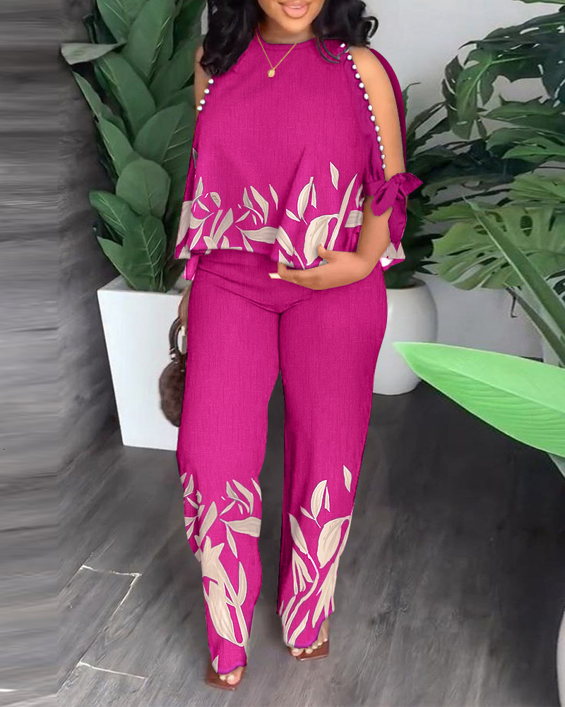 Women's Two Piece Pants Summer Printed Beading 2 Piece Set Women Casual Two Piece Outfit Hollow Out Long Sleeve Top Straight Leg Pants Suit Track