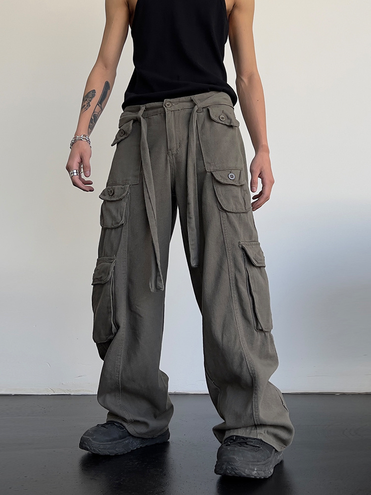 Men s Pants High street retro casual large pocket overalls men s and women s summer high waist loose straight tube draped wide leg pants 230718