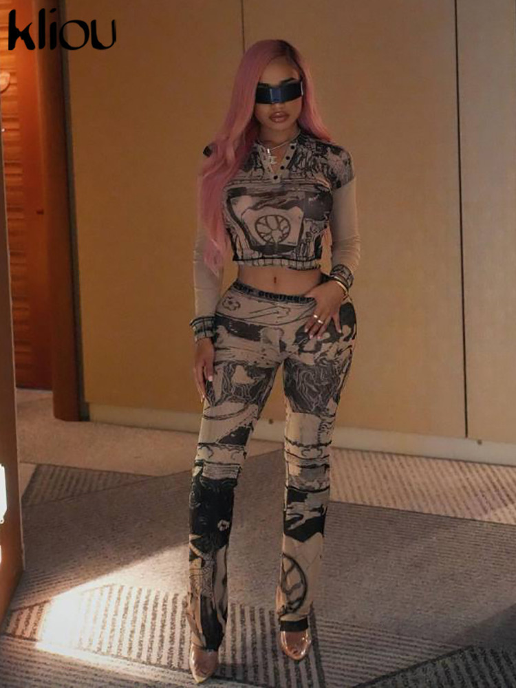 Women's Two Piece Pants Kliou Mesh Vintage Print See Through Two Piece Set Women Sexy Skinny Buttons Long Sleeve Tops Harajuku Pants Lady Street 